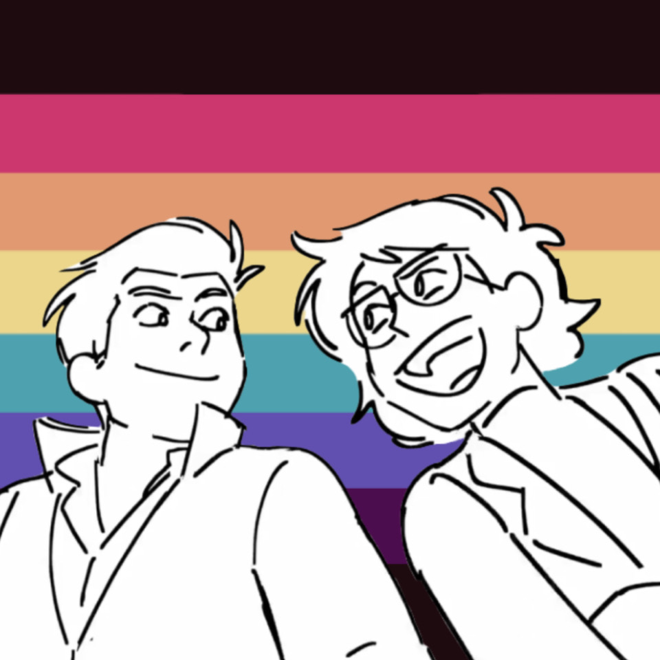 a picture of Ryan and Min-Gi smilng at each other with a rainbow flag behind the two of them