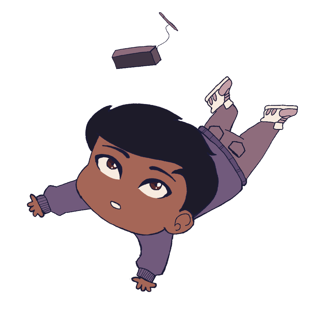 a chibi verison of min-Gi falling in mid-air while his mini-synth flies above him.