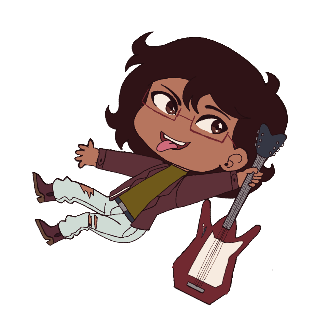 a chibi version of Ryan Akagi floating in midair while holding his guitar with his tongue out
